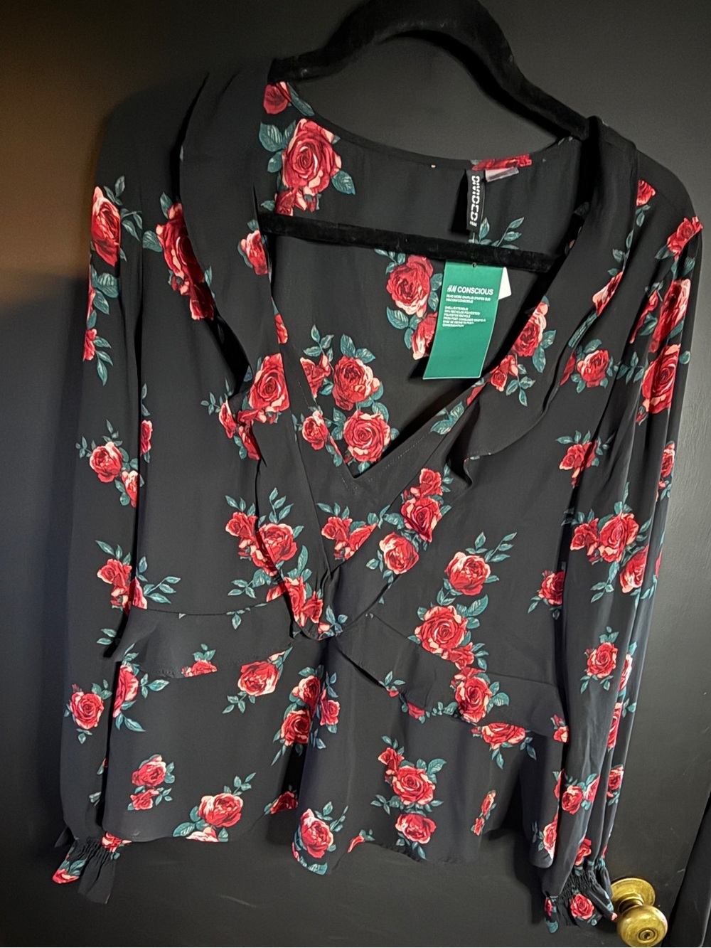 H&M Black Blouse with Red Rose Print Blouse